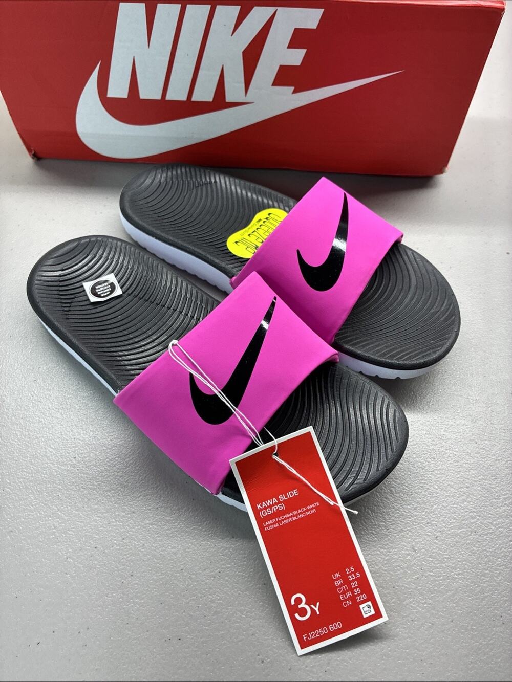Nike Kawa Slide GS/PS Sandals Laser Fuchsia Black White Synthetic Kids 3Y